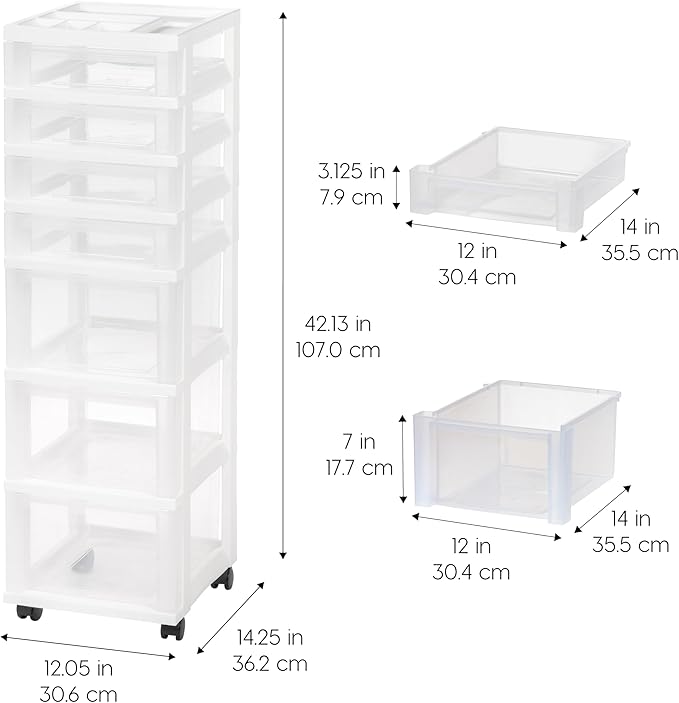 IRIS USA Plastic Drawer Storage Organizer Rolling Cart, with Wheels Casters, 7-Drawers, for Art Craft Supplies Bathroom Dorm Bedroom Laundry Room, White/Clear