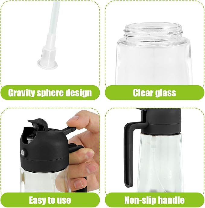 4 Pack 16oz/470 ml Olive Oil Dispenser Bottle 2 in 1 Clear Glass Oil Sprayer and Container Refillable Vinegar Dispenser with Automatic Cap Portable Spray Bottle for Cooking Baking Black