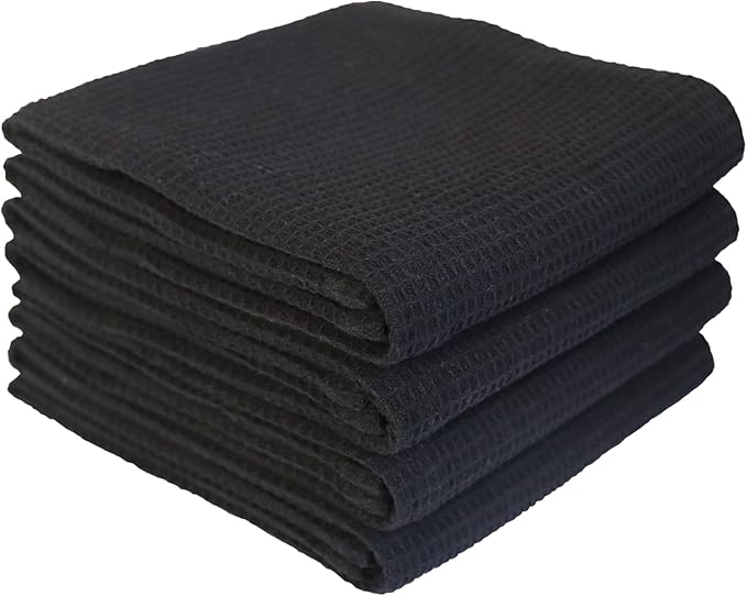 PY HOME & SPORTS Dish Towels Set - 4 Pieces 17 x 25 Inches Black 100% Cotton Waffle Weave Kitchen Towels, Super Absorbent Kitchen Hand Dish Cloths for Drying and Cleaning