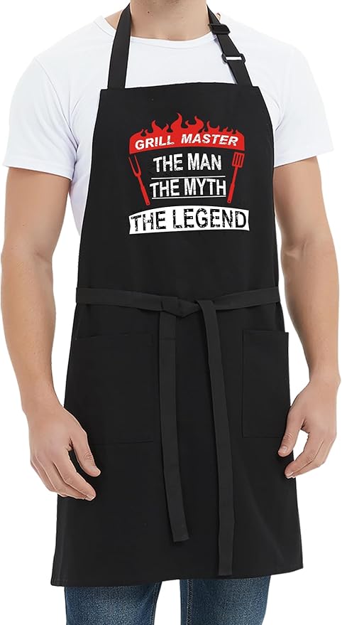 Kaidouma Grill Aprons for Men Funny - Grill Master The Man The Myth The Legend - Men’s Adjustable Bib Cooking Grilling BBQ Aprons with 2 Pockets and Long Ties