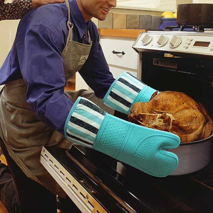 RED LMLDETA Heat Resistant 550 Degree Oven mitt, Silicone Oven Hot Mitts - 1 Pair, Extra Long Professional Baking Oven Gloves - Food Safe,Pot Holders Cooking,Grilling,Kitchen (Blue Mittens)