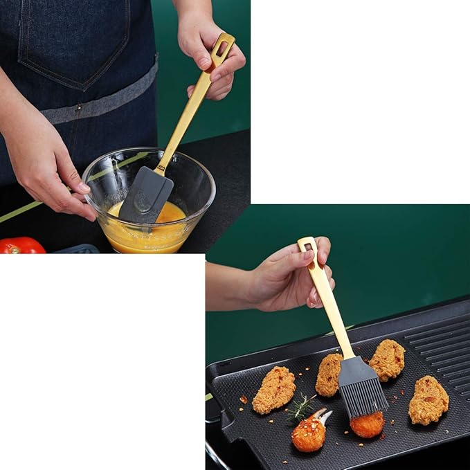 Gold Cooking Spoons, Berglander 6 Pieces Spatula Set Stainless Steel, Metal Spatula, Serving Spoon, Kitchen Tools Set Non-Stick And Heat Resistant, Dishwasher Safe, Easy to Clean (6 Packs)