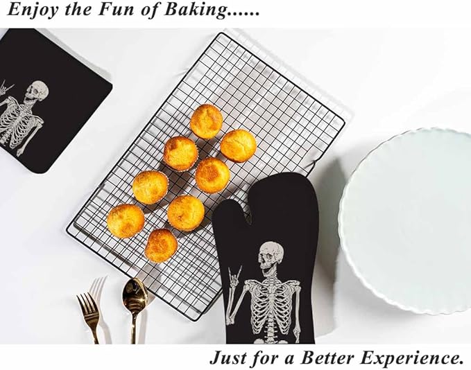 Human Skeleton Oven Mitts and Pot Holders Sets Funny Pose Happy Face Heat Resistant 3pcs for Cooking Baking BBQ