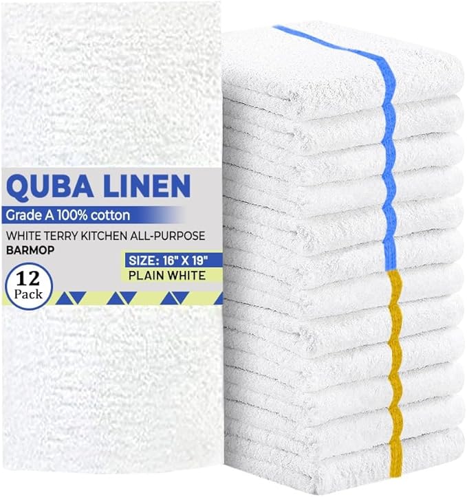 QUBA Linen - Bar Mops Towels, 12 Pack Premium Quality 100% Cotton, Size 16x19 Highly Absorbent and Multi-Purpose Cleaning Rags - Terry Towels for Home and Kitchen Machine Washable bar mops (12)