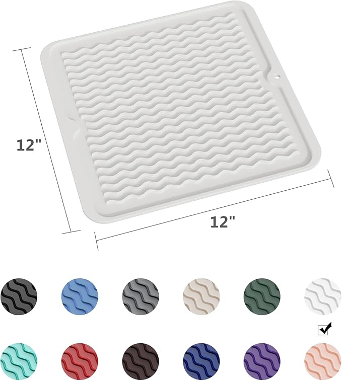 ZLR Silicone Dish Drying Mat 12" x 12" Square - Small Heat Resistant Trivet & Countertop Protector for Air Fryer, Coffee Maker - Waterproof Kitchen Drain Pad for Cups, Fruit (Milk White)
