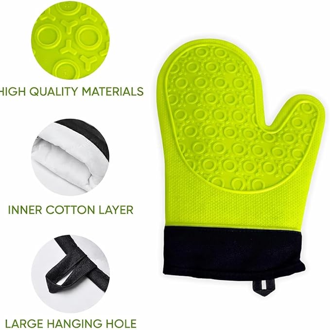 2PCS Green Professional Extra Large Silicone Oven Mitts and Pot Holders – Heat Resistant Kitchen Gloves, Baking Mittens, and BBQ Holders for Cooking, Grilling, and Baking