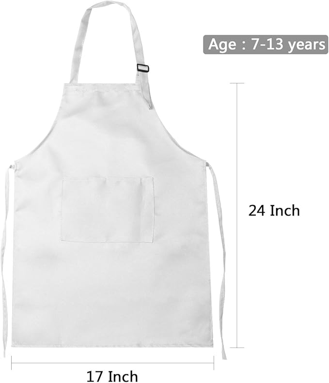 CHENGU 8 Pcs Kids Apron and Chef Hat Set Child Aprons 2 Pocket for Boy Girl Toddler Cooking Painting, Ages 2-13(White,Medium)