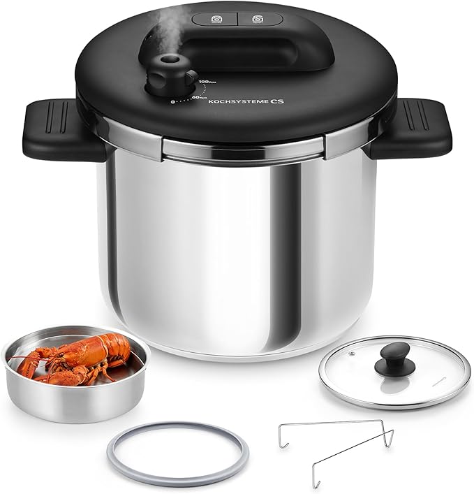 KOCH SYSTEME CS Stainless Steel Pressure Cooker 6.3 QT, Olla de Presion, Easy One-Press Lock, 3 PSI Settings Stovetop Pressure Cookers, Save 70% Time, Induction Compatible, Glass Lid & Steamer Rack