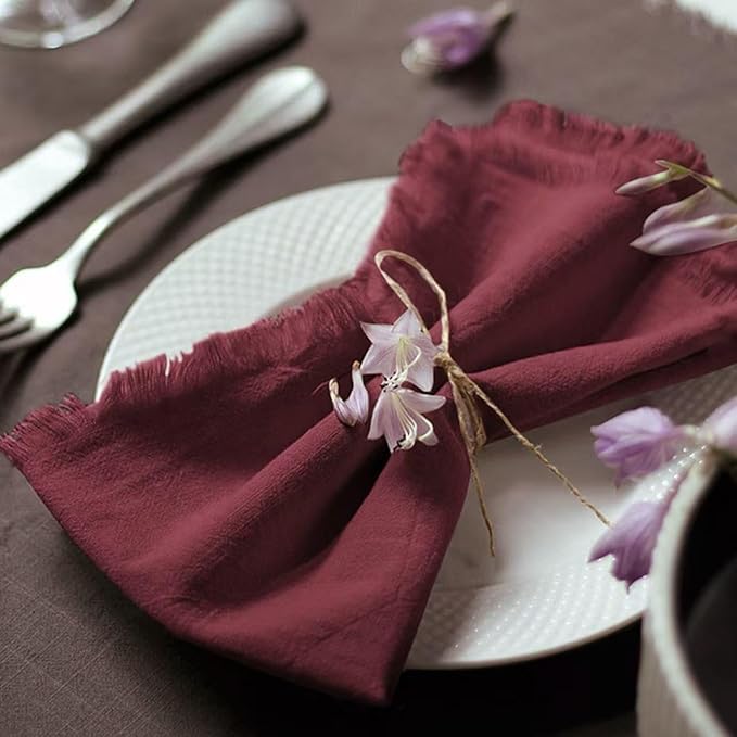 Handmade Cloth Napkins 100% Cotton Napkins with Fringe，Delicate Handmade Cloth Napkins for Dinners, Parties, Weddings and More，18 x 18 Inch Set of 12 - Burgundy