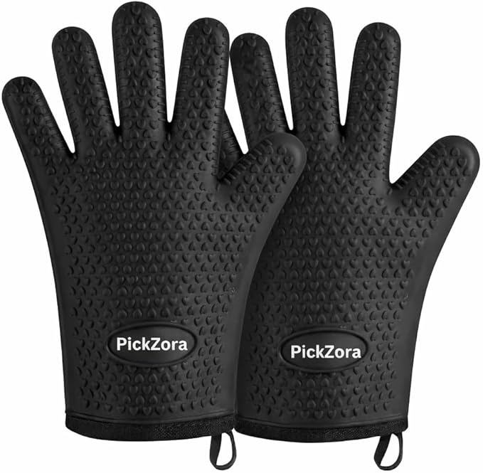 Cotton Lined Silicone Oven & BBQ Gloves, 450°F Heat Resistant Waterproof & Non-Slip Mitts for Baking, Cooking, Grill, Smoker & Fryer Use, Universal Size, 1 Pair (Black)