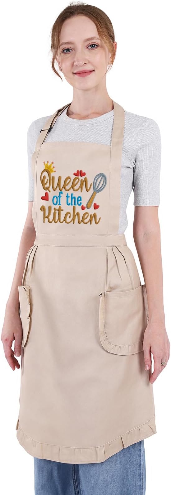 Fairy's Gift Funny Cooking Aprons for Women with Pockets, Embroidered Cute Baking Aprons - Queen of the Kitchen - Fun Mothers Day, Birthday, Cooking Gifts for Women Baker Mom Wife Girlfriend Chef