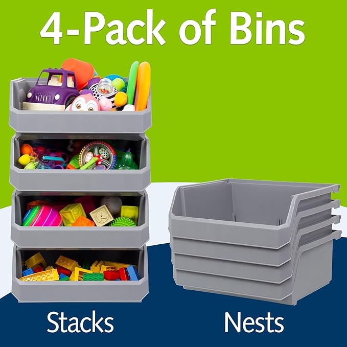 ReadySpace Plastic Containers for Organizing and Storage Bins for Closet, Kitchen, Office, Garage or Pantry Organization, Stackable Bins, Extra Large (14.8" x 16.5" x 7"), 4-Pack, Blue