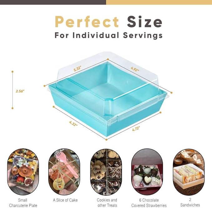 Leafiew 50 Pack Small Charcuterie Boxes with Clear Lids - To Go Paper Mini Charcuterie Box, Disposable Food Containers, 5Inch Dessert Boxes - Sandwich, Cookie, Sushi, Cake Slice, Strawberries (Blue)