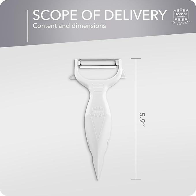 Borner 6-in-1 Fruit and Vegetable Peeler with Stainless Steel Double-Edged Blade, Multi function with Corer, Potato Eye Remover and Mini Grater, Made in Germany, White