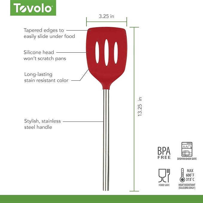 Tovolo Slotted Silicone Spatula Turner Slotted Stainless Steel Handle 10" Cayenne Red Heat Resistant Non Toxic BPA Free Kitchen Utensil, Silicone Egg Pancake Flipper Metal Handle Turner for Cooking