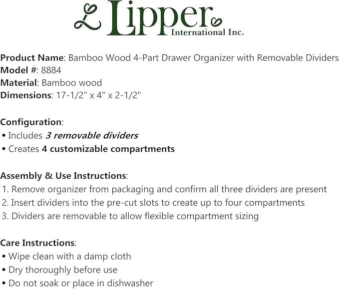 Lipper International Bamboo Drawer Organizer with 3 Removable Dividers, Brown