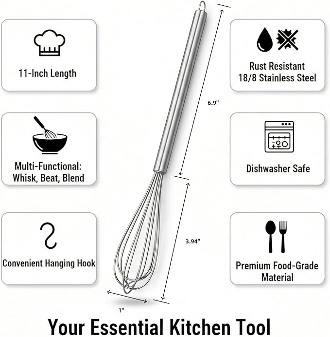 11-Inch Slim French Whisk – 18/8 Stainless Steel Wire Whip with Long Handle – Narrow Stirrer for Mason Jars, Coffee & Cocktails – Small Whisk for Eggs, Sauces, Dressings & Nut Butters