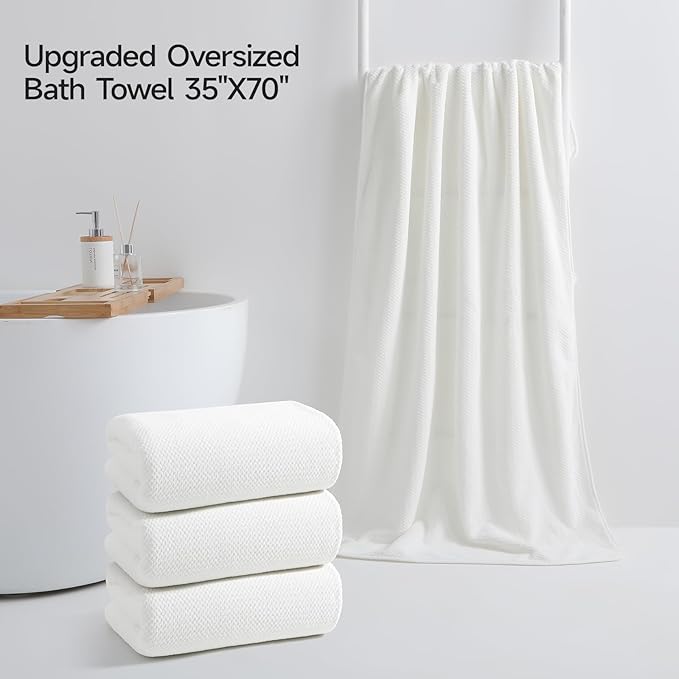 REDKISS 4 Pack Premium Bath Towels, Plush Coral Fleece Towels for Bathroom, Extra Large Bath Towels Set of 4 (35 x 70 in), Super Soft Highly Absorbent Shower Towels for Spa, Gym, Travel, White