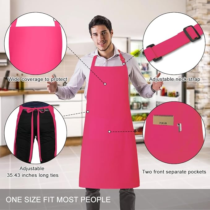 Jubatus 2 Pack 100% Cotton Aprons with 2 Pockets Cooking Chef Kitchen Adjustable Bib Apron for Women Men, Hot Pink