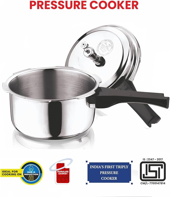 Vinod Platinum Triply Stainless Steel Outer Lid Pressure Cooker -68 oz , Induction Friendly, ISI Certified, Small Pressure Cooker for Quick Meals, Silver