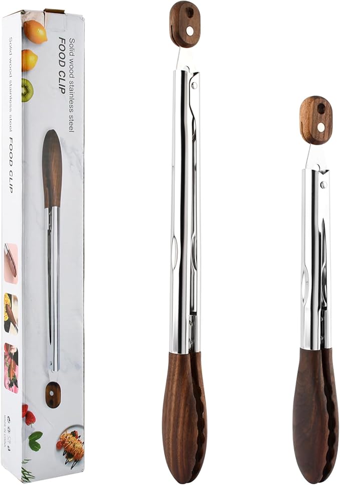 2 Pcs Wooden Tongs for Cooking & Serving Food, 12 & 15 Inch Stainless Steel Kitchen Salad Tongs with Walnut Wood Tip, Cooking Utensils Set for Salad BBQ and Serving Food