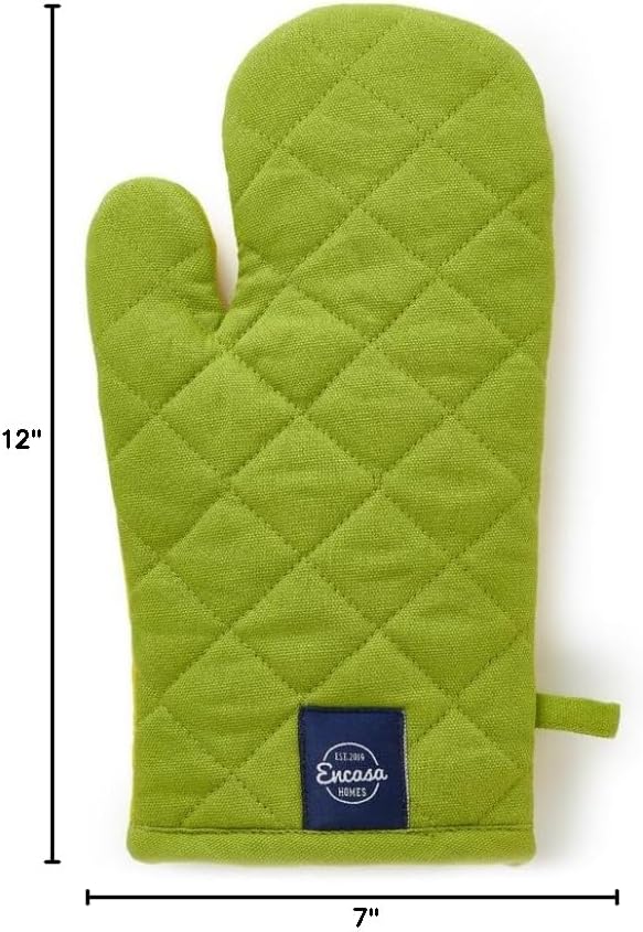 Encasa XO Heat Resistant Cotton Oven Gloves Mitts (2 Pc Set) - Quilted & Safe 12x6.6 in - for Kitchen, Cooking & Baking, Grilling, Handling Hot Pots & Pans - Lime Green