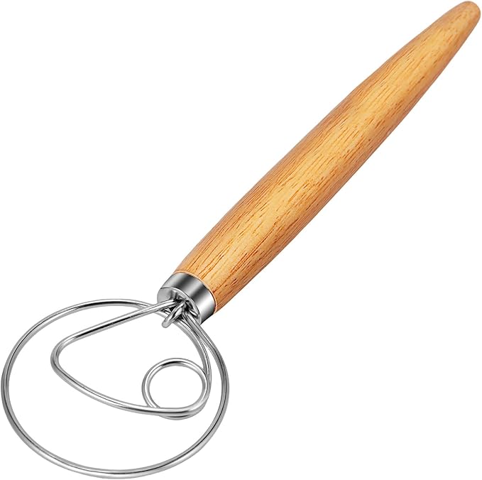 TEEVEA Danish Dough Whisk for Bread Sourdough, Wooden Handle & Stainless Steel Hook