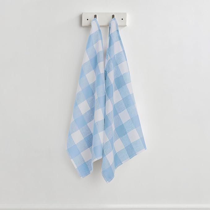Solino Home Linen Kitchen Towels Set of 2 - Blue Bell 16.5 x 26.5 Inch - 100% Pure Linen Buffalo Check Kitchen/Tea Towels - Machine Washable and Handcrafted from European Flax