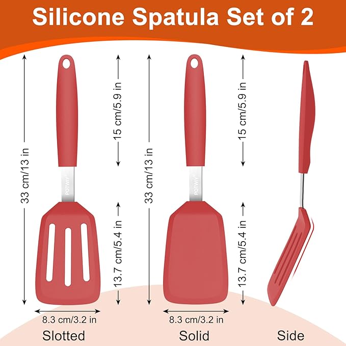 2 Pack Silicone Spatula Set, 600°F Heat Resistant Kitchen Spatula, BPA Free Solid & Slotted Turner, Flexible Cooking Utensils for Non Stick Frying Pan, Flipper for Eggs and Pancakes (Red)
