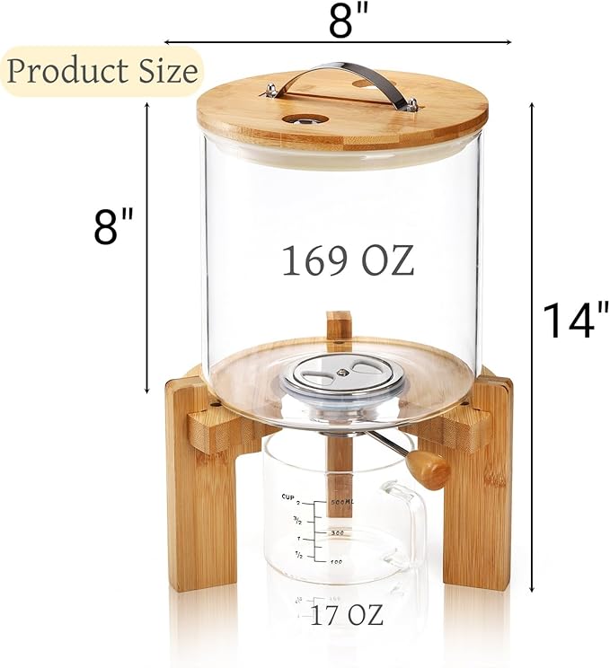 Tlence 5L Glass Rice Dispenser, Cereal Container with Bamboo Stand, Large Airtight Food Storage Bin, Rice Organization Tank with Measuring Cup for Grain Coffee Beans Dry Food