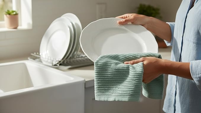 Seafoam Light Sage Aqua Mineral Green Kitchen Hand Dish Towels: Oversized 28" x 18", 100% Cotton Cloth Soft Cleaning Drying Absorbent Ribbed Design, Set of 3 Multipurpose for Everyday Use