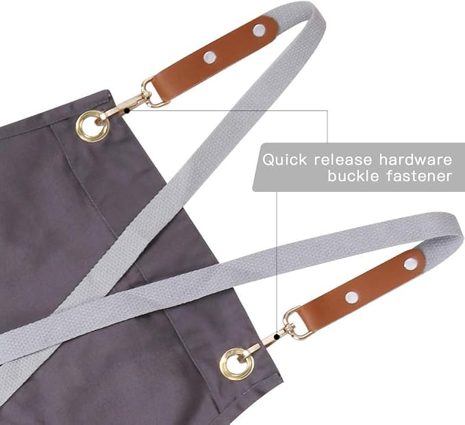 Mignongirl Chef Apron,Cross Back Apron for Men Women with Adjustable Straps and Large Pockets,Canvas,M-XXL (Grey)