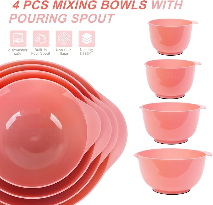BoxedHome Nesting Plastic Mixing Bowl Set With Pour Spout, Microwave and Dishwasher Safe, BPA free Non-Slip Base, Set of 4 Size 1.7, 2.5, 3.5 and 4.5qt, Great for Prepping, Baking