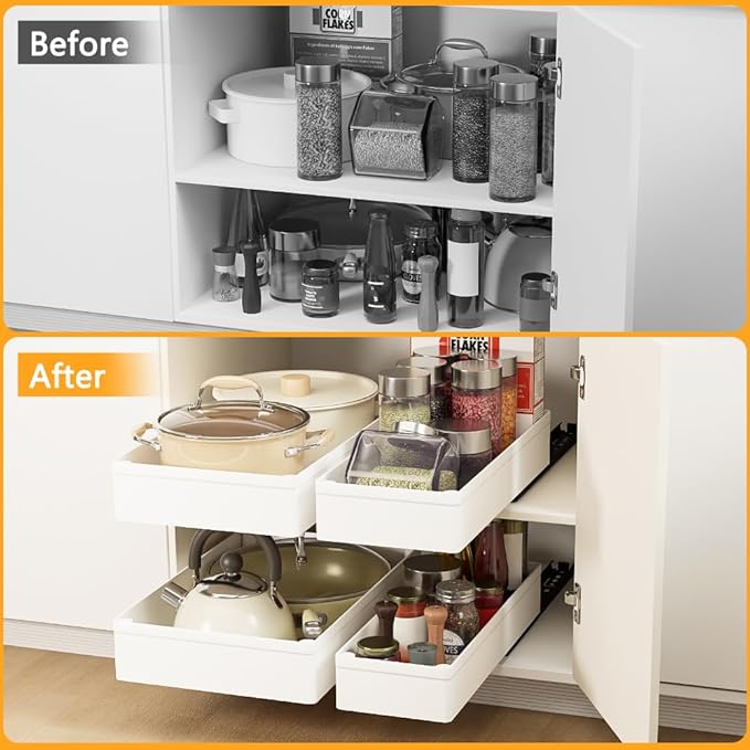 4 Pack Pull Out Cabinet Organizer, 15.8'' Deep Pull Out Drawers for Cabinets with Metal Slides, Slide Out Drawers for Kitchen Fixed with Nano Adhesive, Roll out Shelves for Bathroom, Pantry (White)