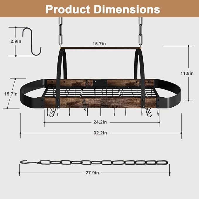 Hanging Pot Rack,32-Inch Ceiling Pot Rack for Kitchen,Space-Saving Pot Hanger with 16 Detachable S Hooks,Sturdy Metal Frame,Industrial Style,for Pot, Pan Storage,Space-Saving