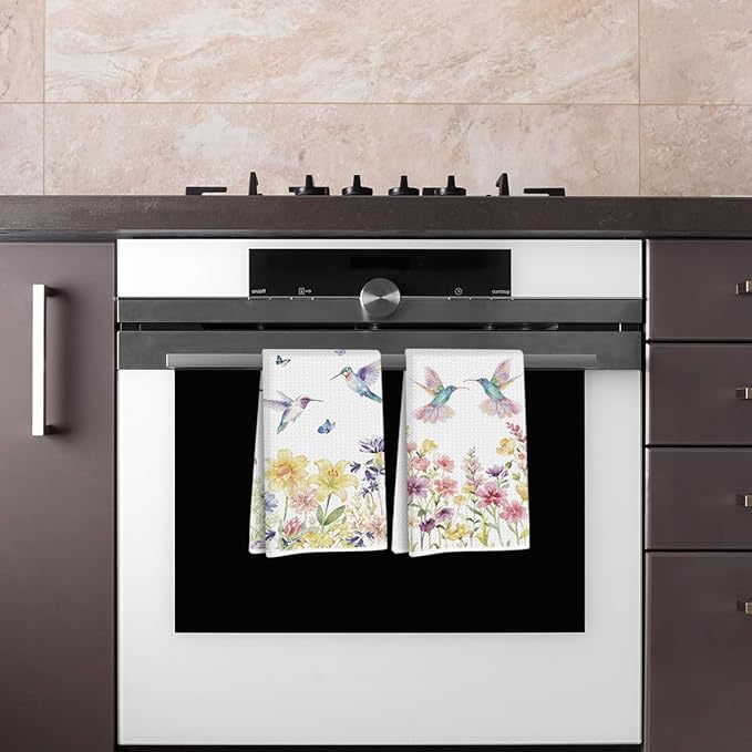 2 Pcs Hummingbird Floral Kitchen Towels Set, Absorbent Microfiber Waffle Weave Dish Cloths, Decorative Hand Towels for Bathroom Kitchen, Hummingbird Gifts for Women Housewarming Spring Holiday