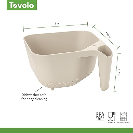 Tovolo Elements Square Colander with Handle Strainer Basket for Pasta Fruit Berries Veggies, Easy to Clean BPA Free Heat Resistant Plastic Colander with Spout 3 Quart Kitchen Strainer, Oatmeal
