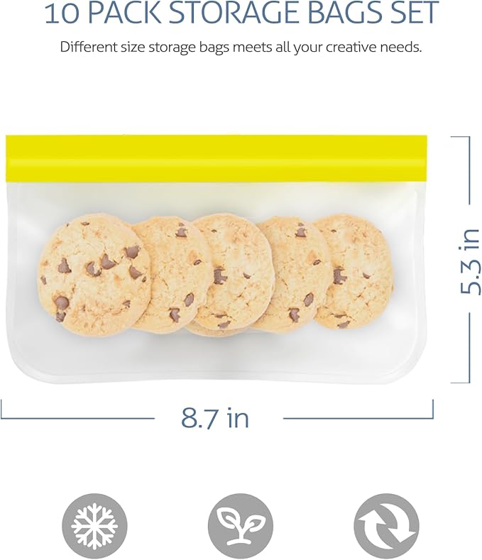 Reusable Snack Bags, 10 Pack 8.7x5.3 Inch Dishwasher Safe Silicone Food Storage Bags for Marinating Meats, Sandwich, Cereal (Yellow)