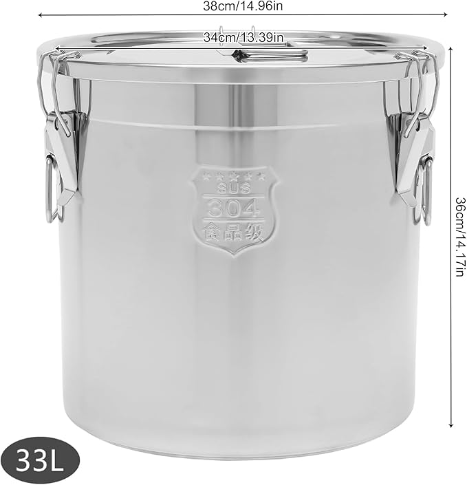 8.7Gal 304 Stainless Steel Airtight Canister for Kitchen, 28-60Lbs Rice Cereal Grain Canisters Container, Metal Kitchen Rice Oil Storage Bucket for Household Food w/Handles+Lid (Silver-33L)