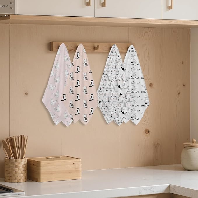4 Pcs Adorable Cat Kitchen Towels, Decorative Absorbent Microfiber Dish Cloth Tea Towel, Waffle Soft Hand Towels for Farmhouse Home Bathroom, Cat Lover Gifts 2