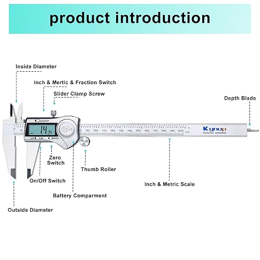 Kynup Digital Caliper, 8 Inch Caliper Measuring Tool with Stainless Steel, IP54 Splash Proof Protection Design, Easy Switch from Inch Metric Fraction, Large LCD Screen (200mm)