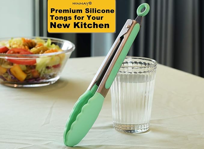 HINMAY Stainless Steel Kitchen Cooking Tongs with Silicone Tips 9-Inch Serving Tongs, Set of 3 (Mint Pink Yellow)