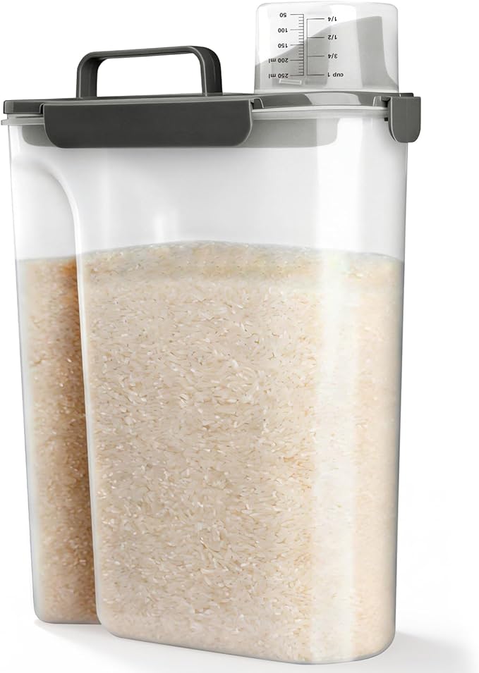 Viretec Rice Storage Container, 10 to 20lb Dry Food Airtight Dispenser, Pet Dog Cat Food Canister, BPA Free Clear Plastic Kitchen and Pantry Organization Bin for Oatmeal, Cereal, Pasta, Flour Grey
