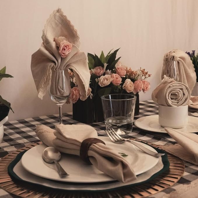 FINGERCRAFT Dinner Cloth Napkin Cotton Linen 12 Pack Vintage Rustic Premium Quality Mitered Corners Napkin Cloth with Elegant Lace for Everyday Use, Pre Shrunk and Good Absorbency 20x20 in Ivory