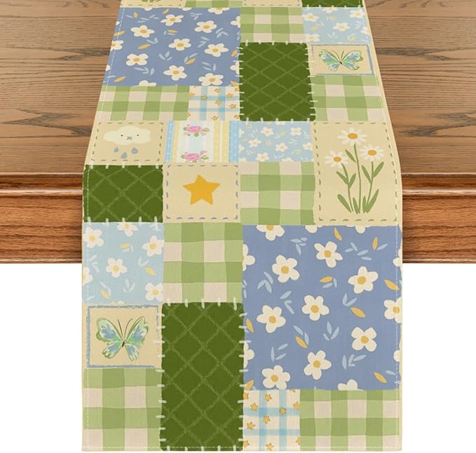 Artoid Mode Patchwork Buffalo Plaid Floral 210 GSM Spring Table Runner, Seasonal Summer Kitchen Dining Table Decoration for Home Party Decor 13x48 Inch