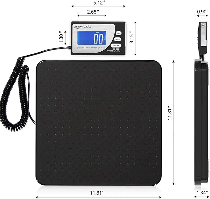 Amazon Basics Digital Postal Scale with Tare Function, Heavy Duty, Aluminium Platform, 440 lb Capacity, Digital Shipping, Portable, Black