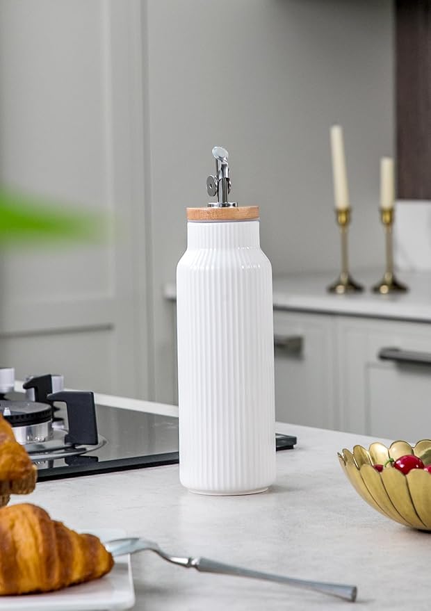 Nucookery 20oz Ceramic Olive Oil Dispenser Bottle for Kitchen spray, Large Capacity Cooking Oil Container for Storage Vinegar, Soy Sauce, Coffee Syrup, Liquids, White