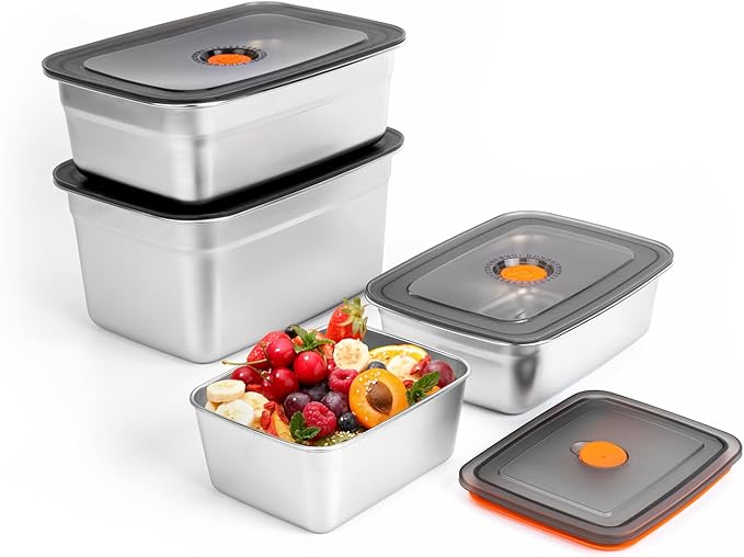 Stainless Steel Food Storage Containers With Lids Leak Proof & Airtight | Stainless steel freezer Containers,For Meal Prep,Fruit,Freezer -Set of 4 (20oz, 33oz, 66oz,94oz)