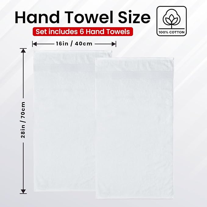 Infinitee Xclusives White Hand Towels for Bathroom - Set of 6 (16x28 inches) 600 GSM, 100% Cotton Ultra Soft, Quick Drying, Hotel Quality Hand Towel Set (Brilliant White, Hand Towels)
