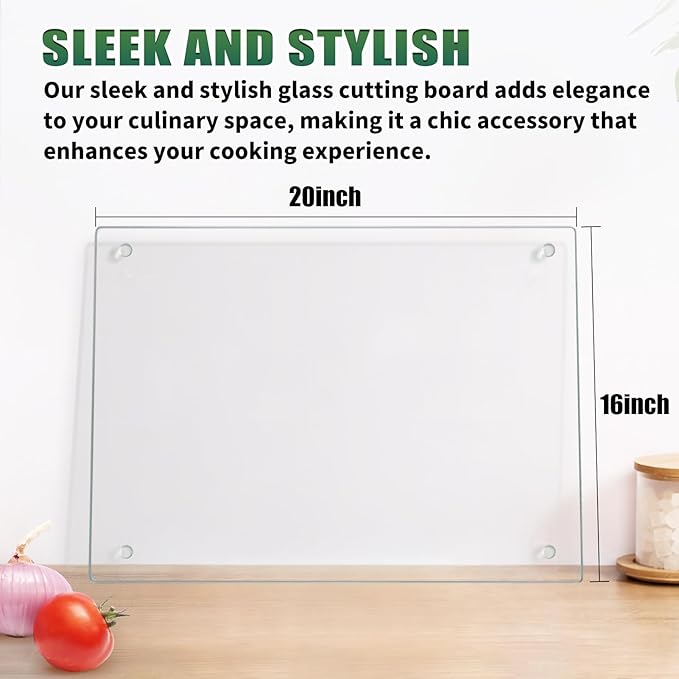 Seelenruhe Tempered Glass Cutting Board for Kitchen Counter, 16x20 inch Clear Cutting Board for Countertop, Non-Slip, Heat-Resistant, Easy to Clean, Kitchen Decoration